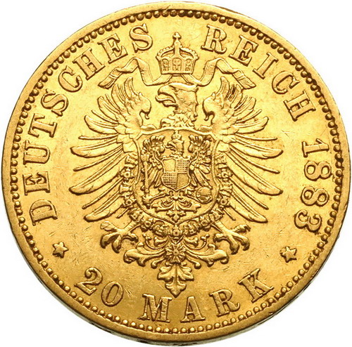 ドイツ プロイセン 1883年A 20マルク 金貨 ヴィルヘルム1世【アンティークコイン・金貨・銀貨の販売・買取 ルナコイン】